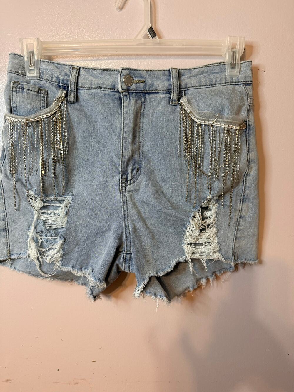 Red Denim couture Cider light-wash distressed denim shorts w rhinestone fringe L